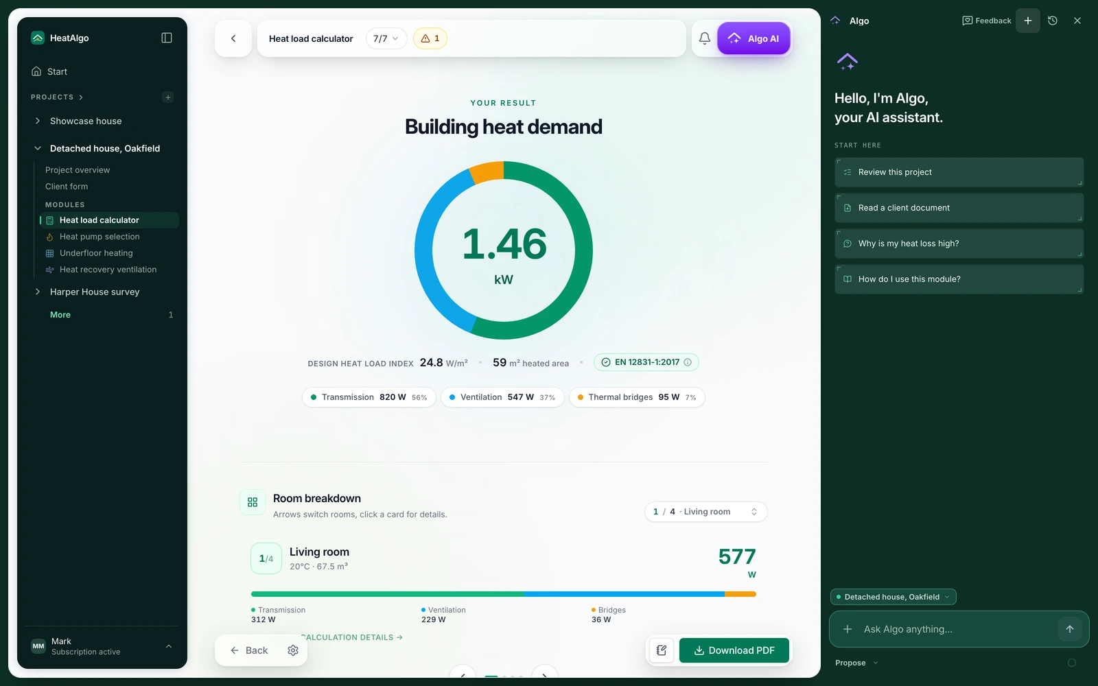 Algo AI in HeatAlgo - a new conversation beside the heat load result: check the project, upload a document