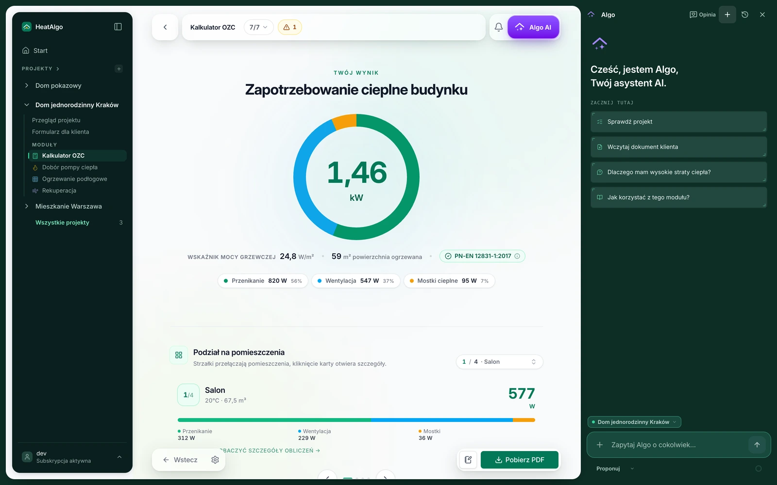 Algo AI w HeatAlgo - nowa rozmowa obok wyniku OZC: sprawdź projekt, wczytaj dokument