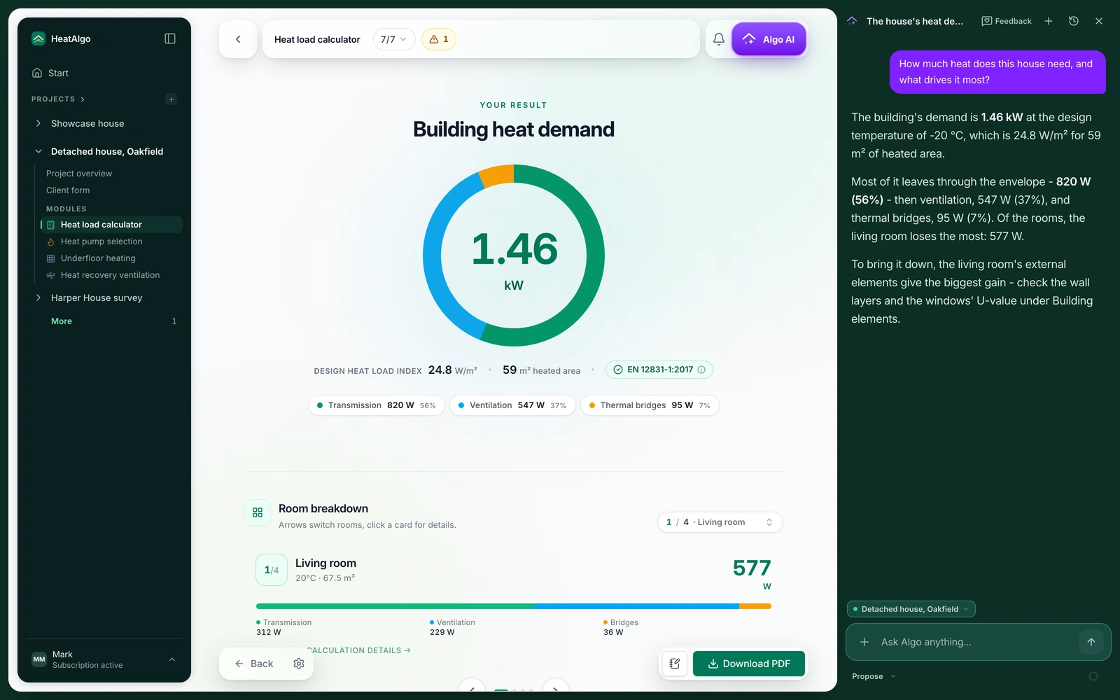 Algo AI in HeatAlgo - a conversation about the house's heat demand beside the heat load result