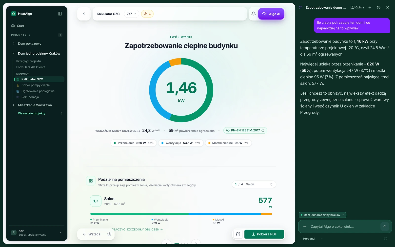 Algo AI w HeatAlgo - rozmowa o zapotrzebowaniu domu obok wyniku OZC