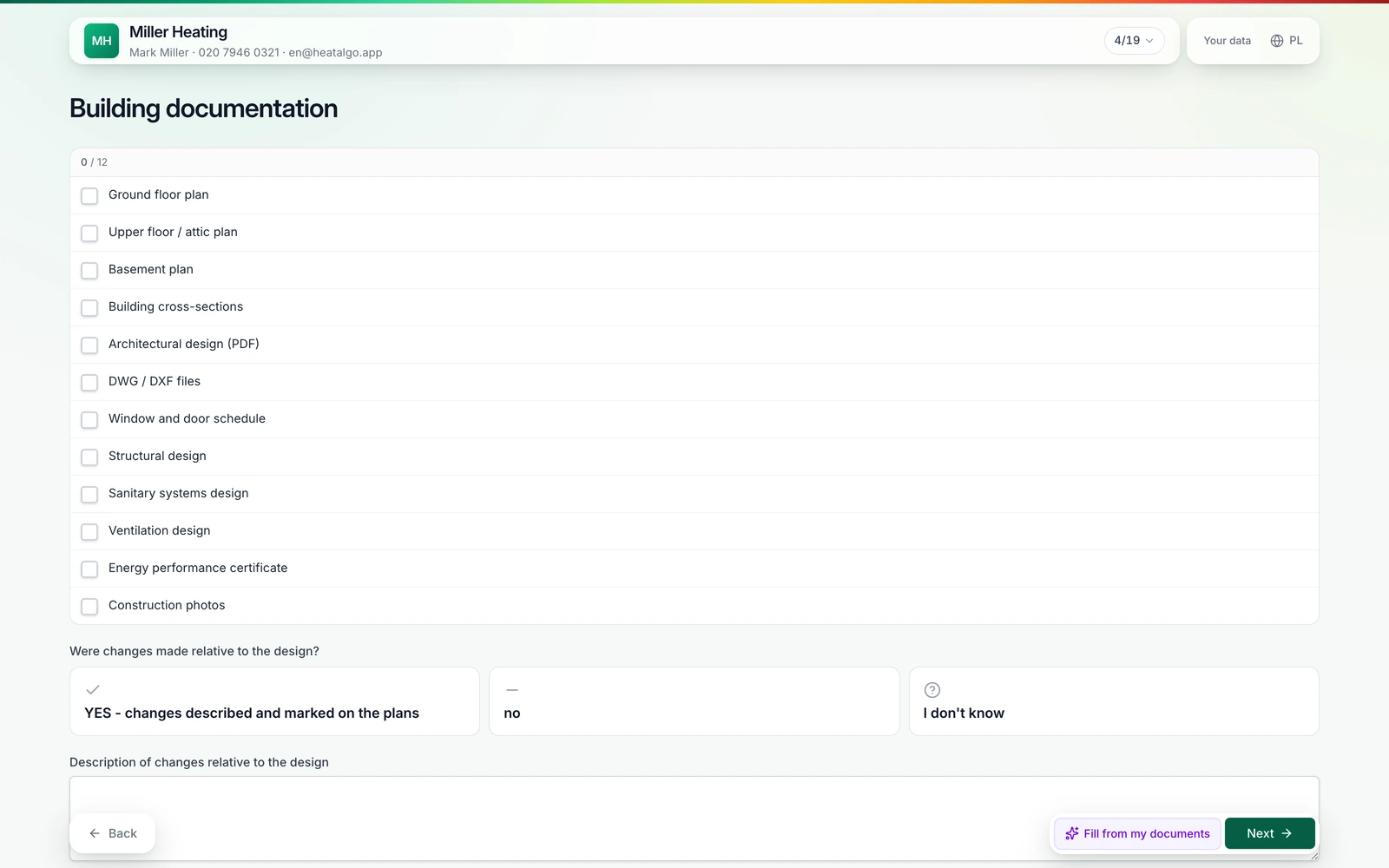 Client form in the HeatAlgo app - project data filled in online, no account needed