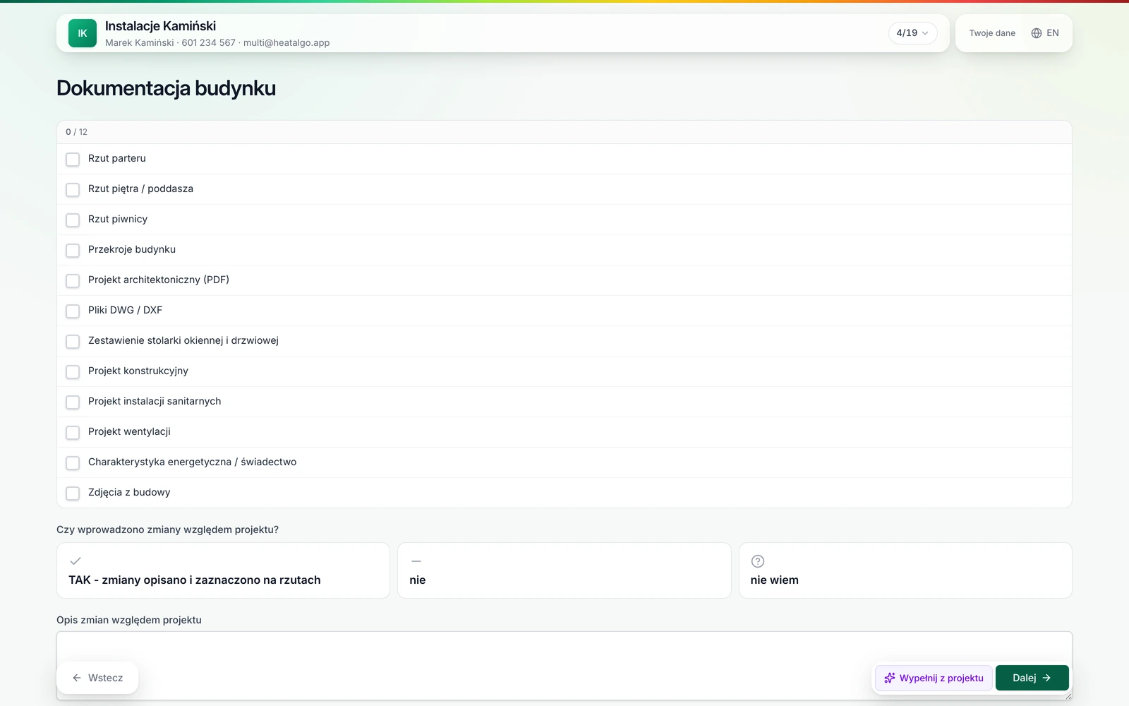 Formularz dla klienta w aplikacji HeatAlgo - dane do projektu wypełniane online, bez zakładania konta