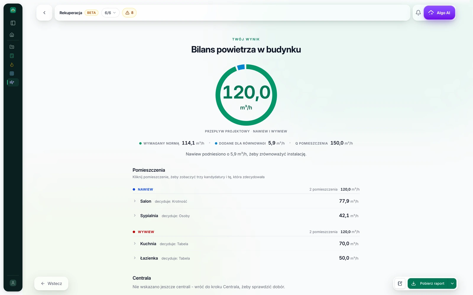 Wynik modułu rekuperacji w HeatAlgo - bilans powietrza w budynku, strumienie nawiewu i wywiewu pomieszczenie po pomieszczeniu