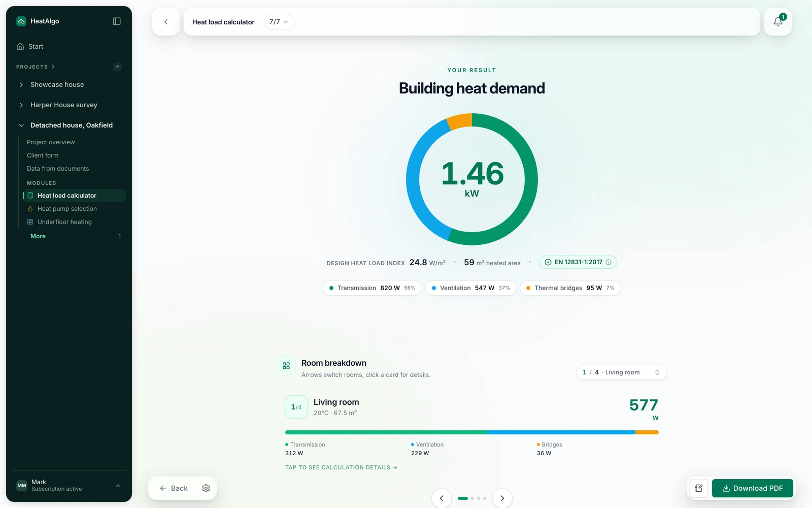 Heat load calculator results in the HeatAlgo app - building heat load compliant with EN 12831-1