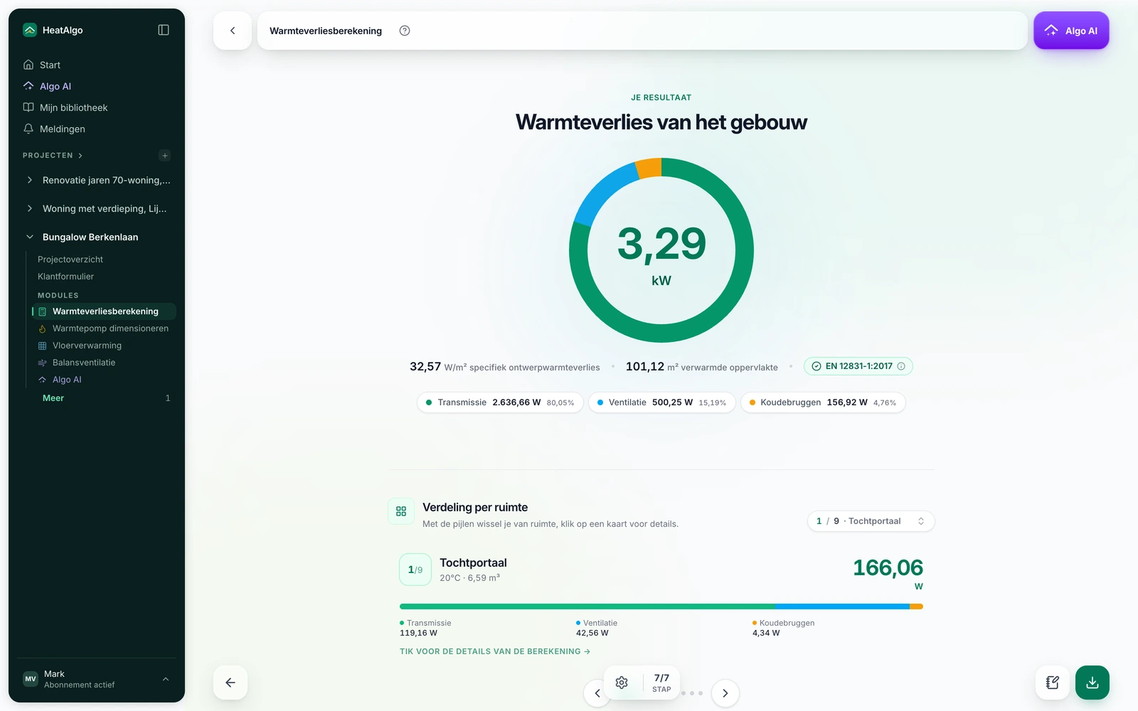 Het resultaat van de warmteverliesberekening in HeatAlgo - het warmteverlies van het huis volgens EN 12831-1