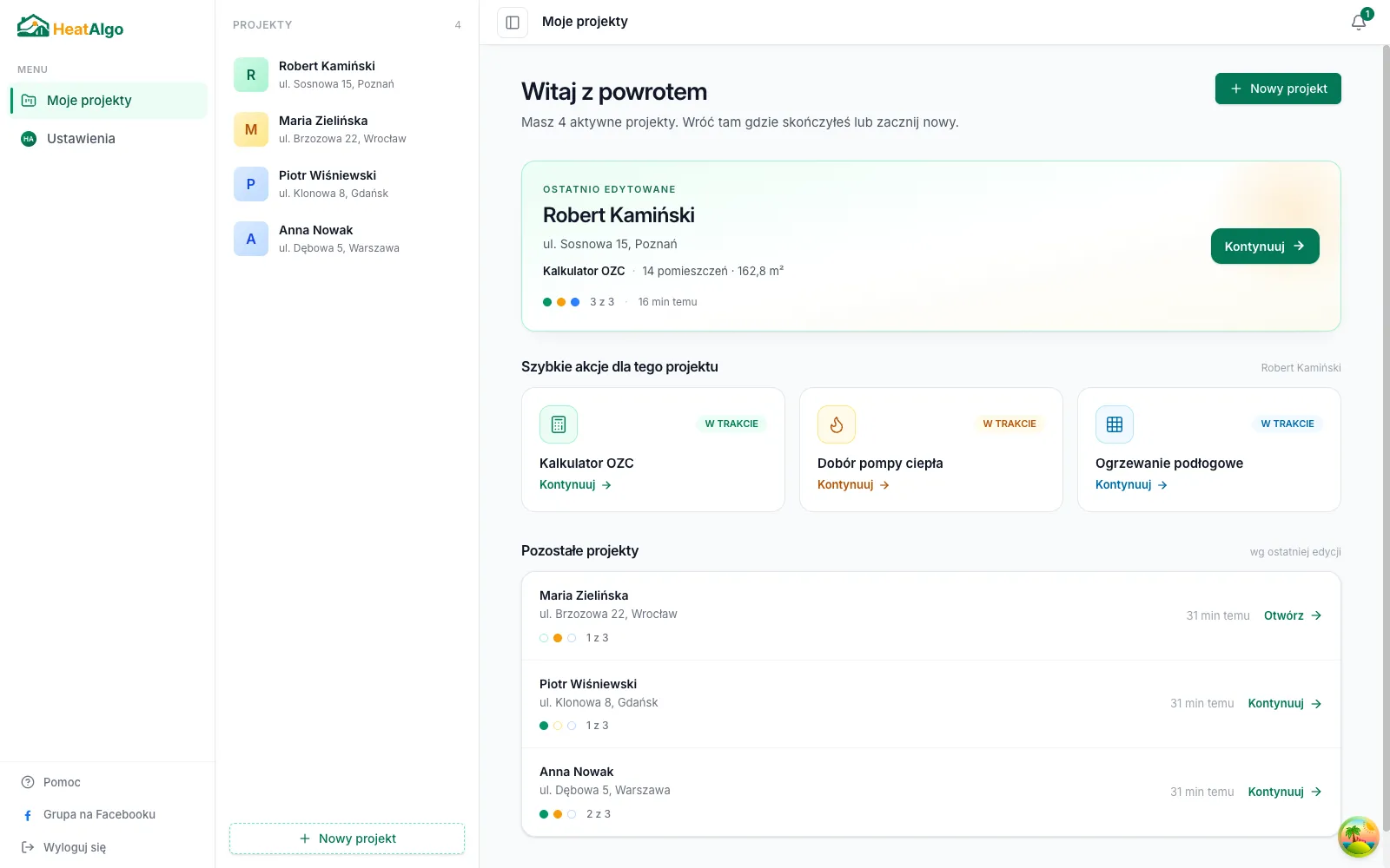 Lista projektów w aplikacji HeatAlgo - podgląd projektów i eksport PDF po okresie próbnym