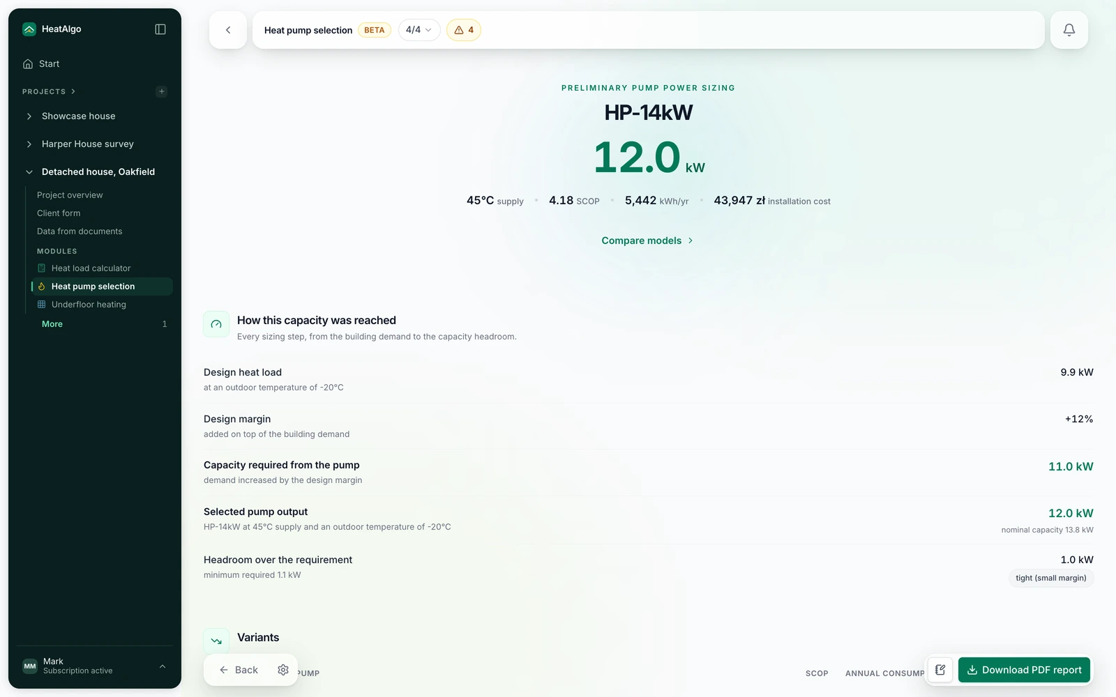 Heat pump sizing result screen in the HeatAlgo app