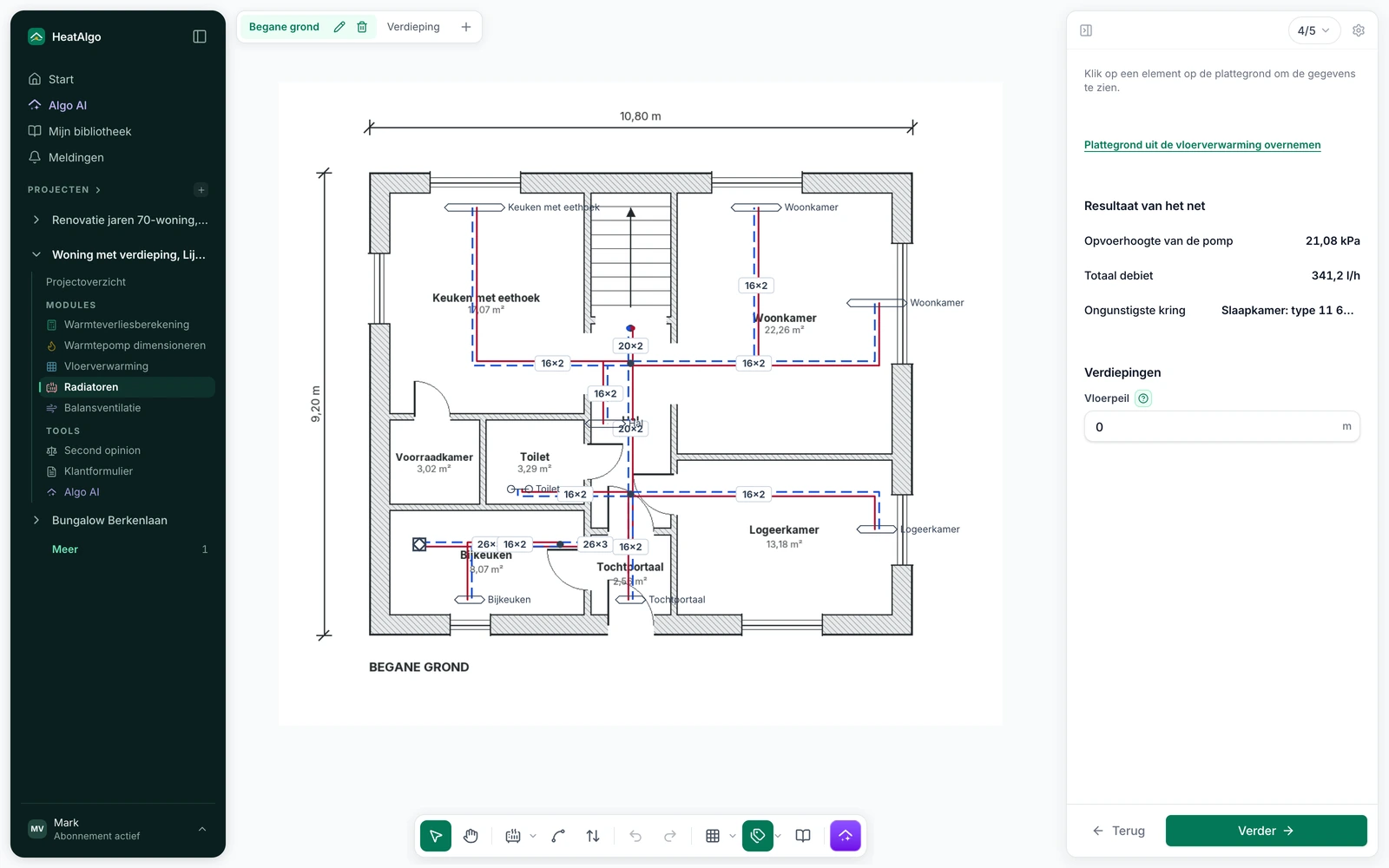 De stap Net in de module Radiatoren - een leidingnet op de plattegrond van een verdieping met de warmtebron en radiatoren