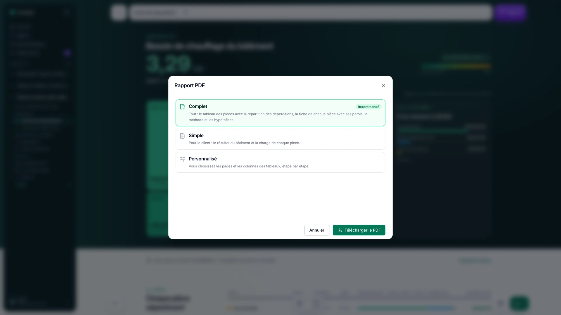 La fenêtre Rapport PDF du calcul des déperditions : trois versions - Complet (recommandé), Simple pour le client et Personnalisé avec le choix des pages et des colonnes