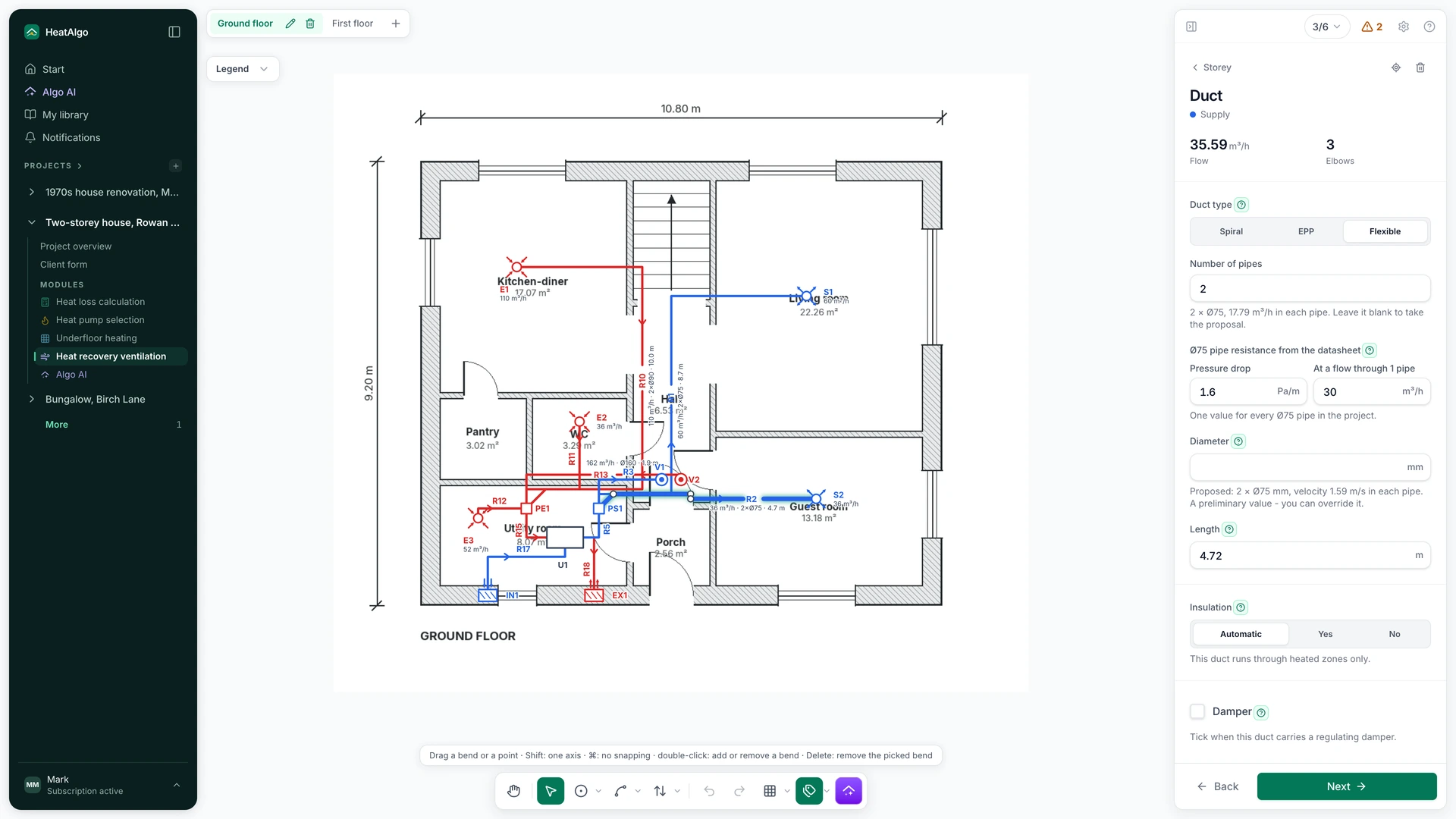 The duct panel on the heat recovery ventilation drawing: the duct type (spiral, EPP or flexible) and, for a flexible run, the number of Ø75 pipes and their resistance from the maker's data sheet