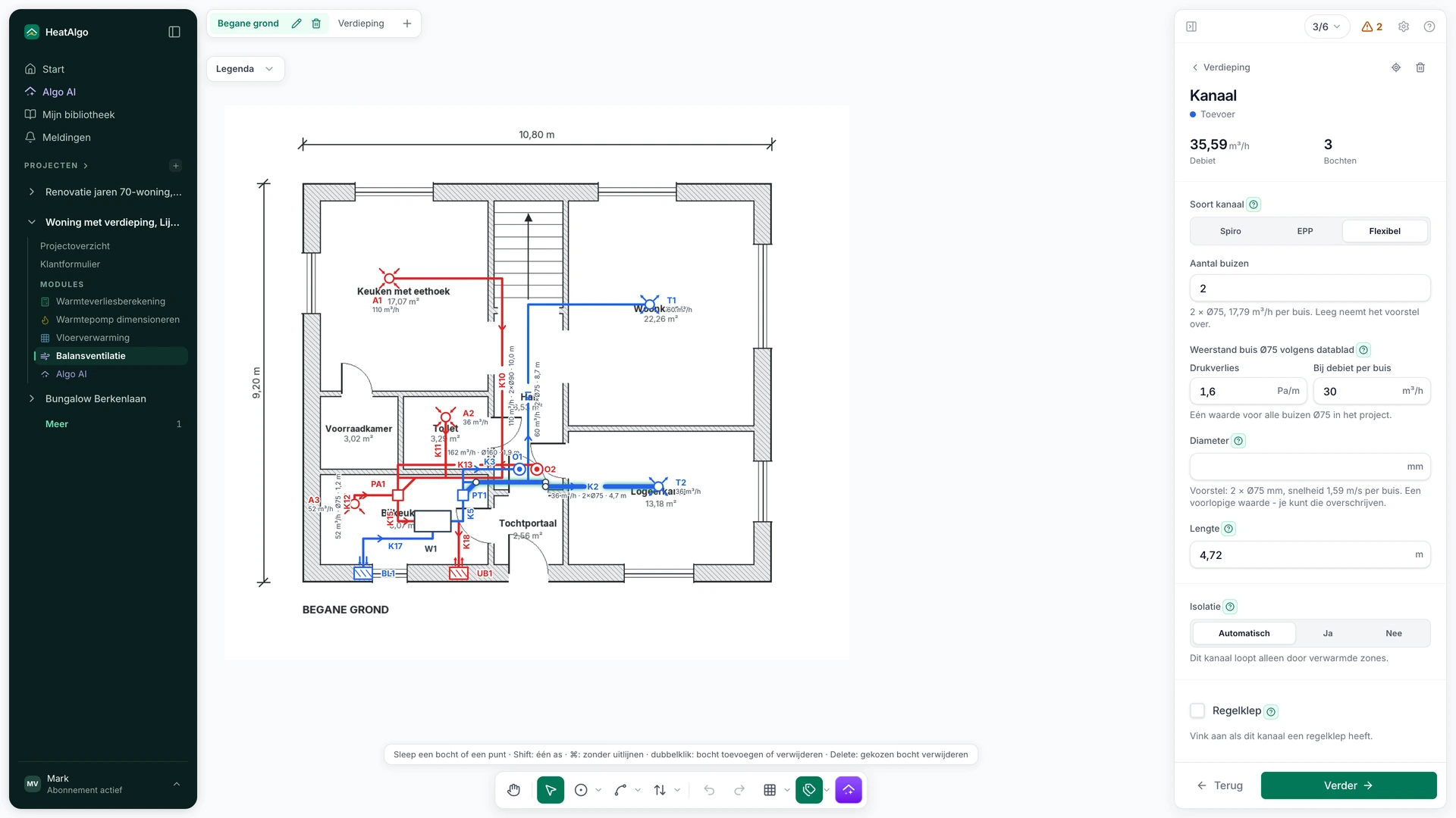 Het paneel van een kanaal in de ventilatietekening: het soort kanaal (spirobuis, EPP of flexibel) en bij een flexibele buis het aantal buizen Ø75 en hun drukverlies volgens het gegevensblad van de fabrikant