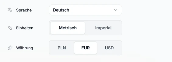 Einstellungen, Reiter Profil: die Felder Sprache, Einheiten und Währung