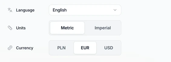 Settings, the Profile tab: the Language, Units and Currency fields