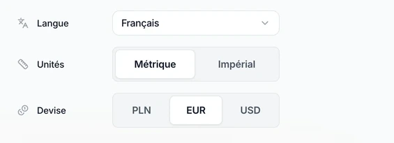 Paramètres, onglet Profil : les champs Langue, Unités et Devise