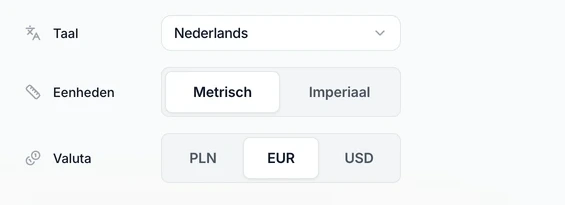 Instellingen, tabblad Profiel: de velden Taal, Eenheden en Valuta