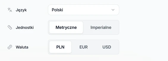 Ustawienia, zakładka Profil: pola Język, Jednostki i Waluta