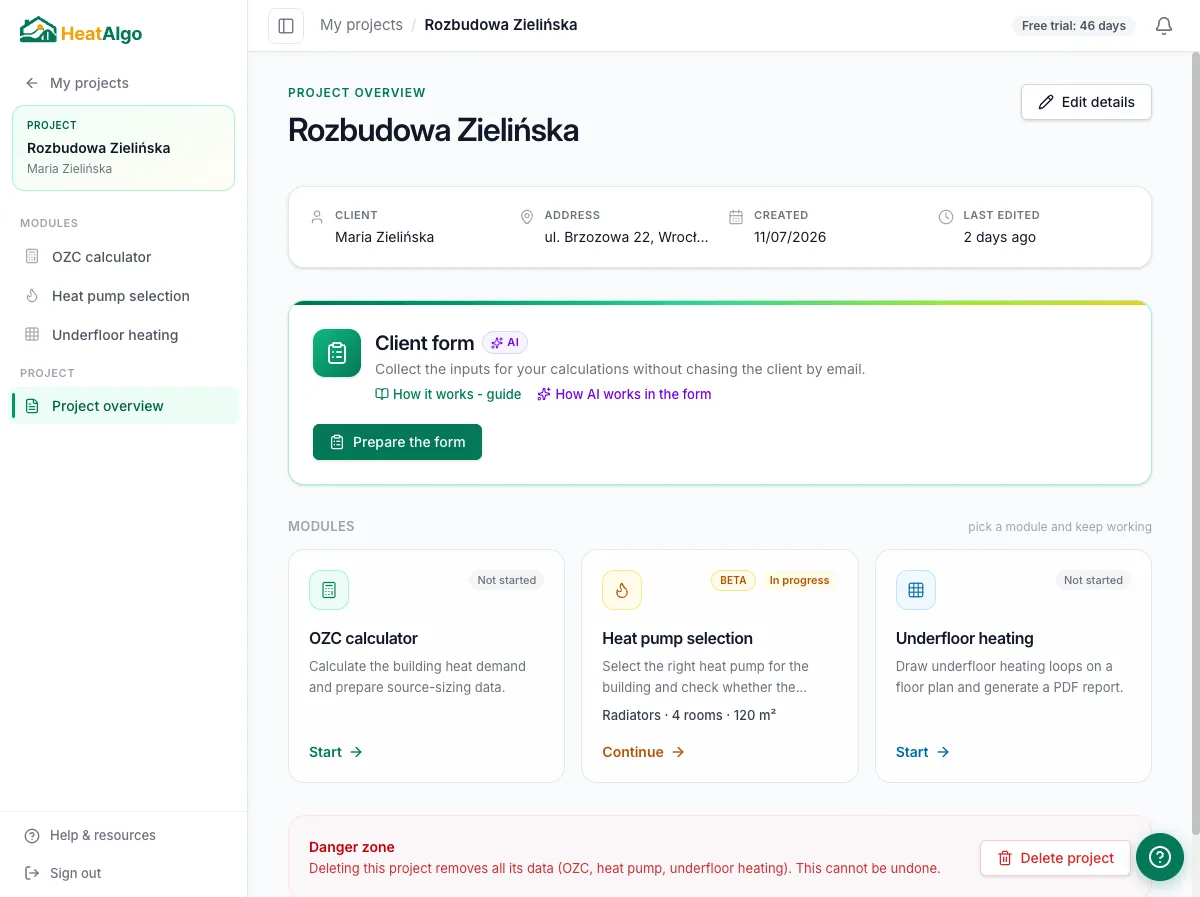 Project overview with the Client form card and the Prepare form button