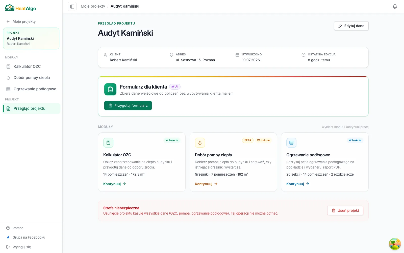Przegląd projektu z kartą Formularz dla klienta i przyciskiem Przygotuj formularz