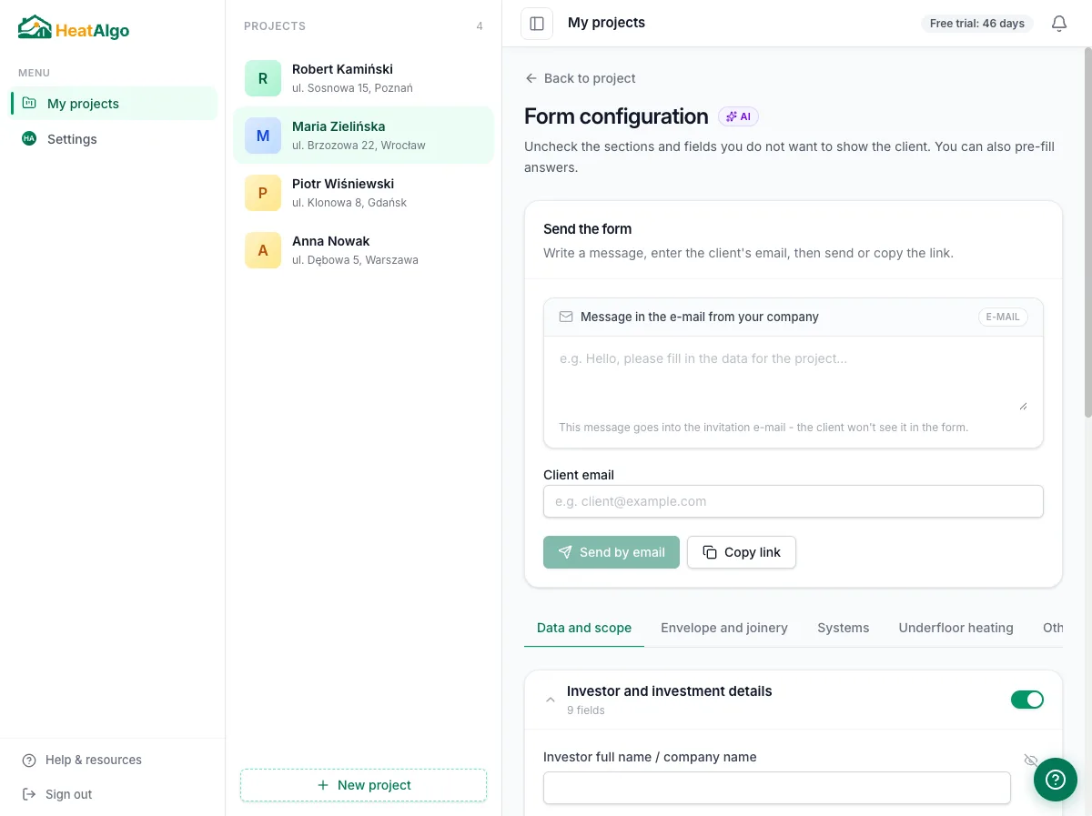 Form configuration - sections with toggles and individual fields that can be hidden or pre-filled
