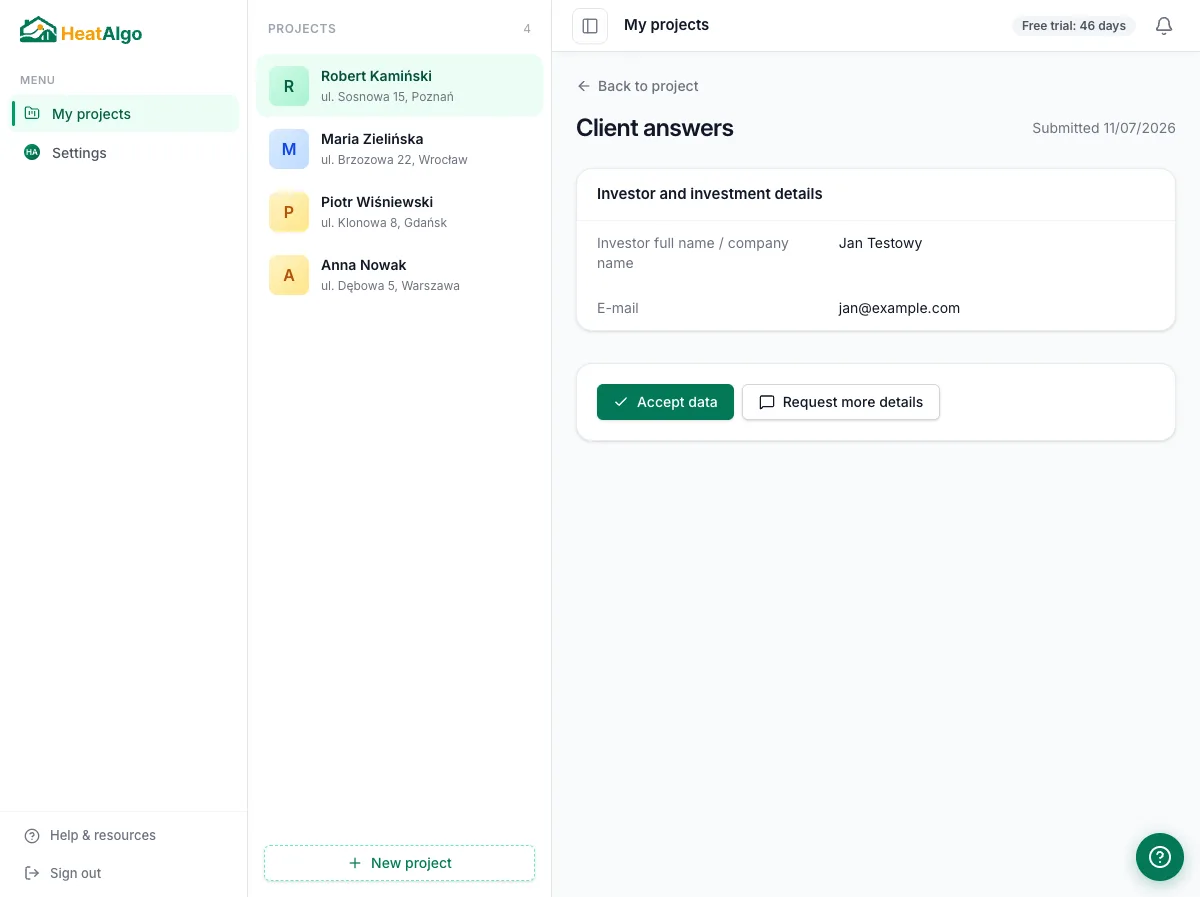 The Client answers screen - data section by section plus the Accept data and Request additions buttons