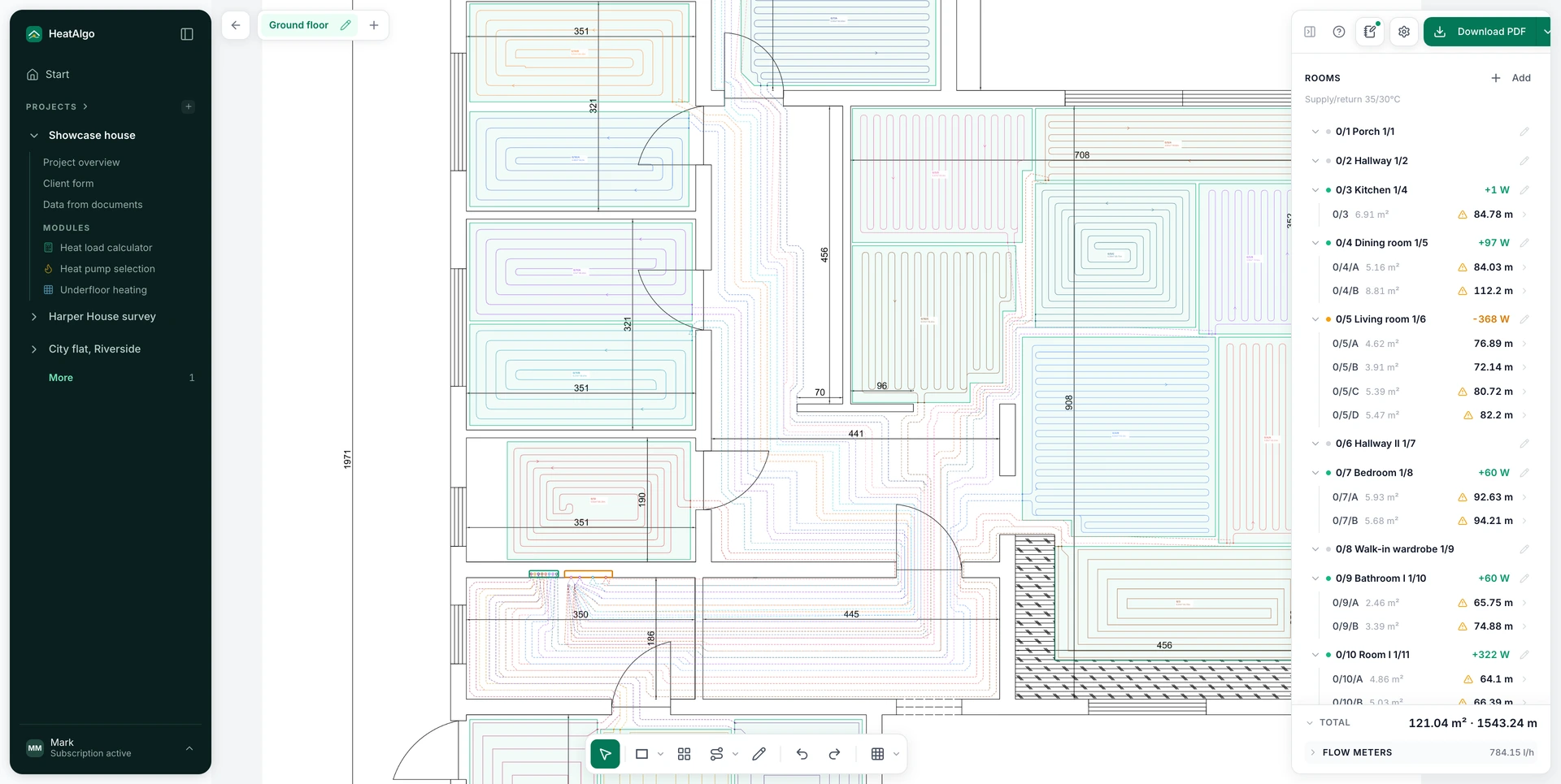 The side panel with the room balance - section area, pipe length, flow rate and a loop warning