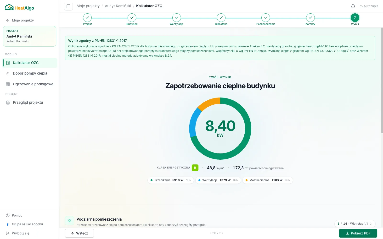 Wynik obliczeń OZC - zapotrzebowanie cieplne budynku z podziałem na przenikanie, wentylację i mostki cieplne