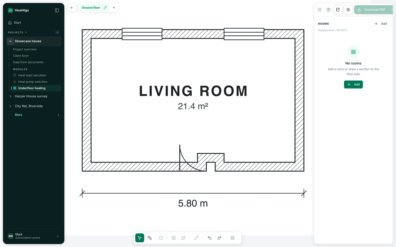 Uploaded architectural floor plan on the underfloor heating canvas in the HeatAlgo app