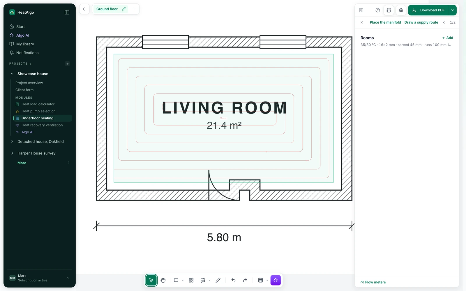 Heating zones drawn on a floor plan in HeatAlgo