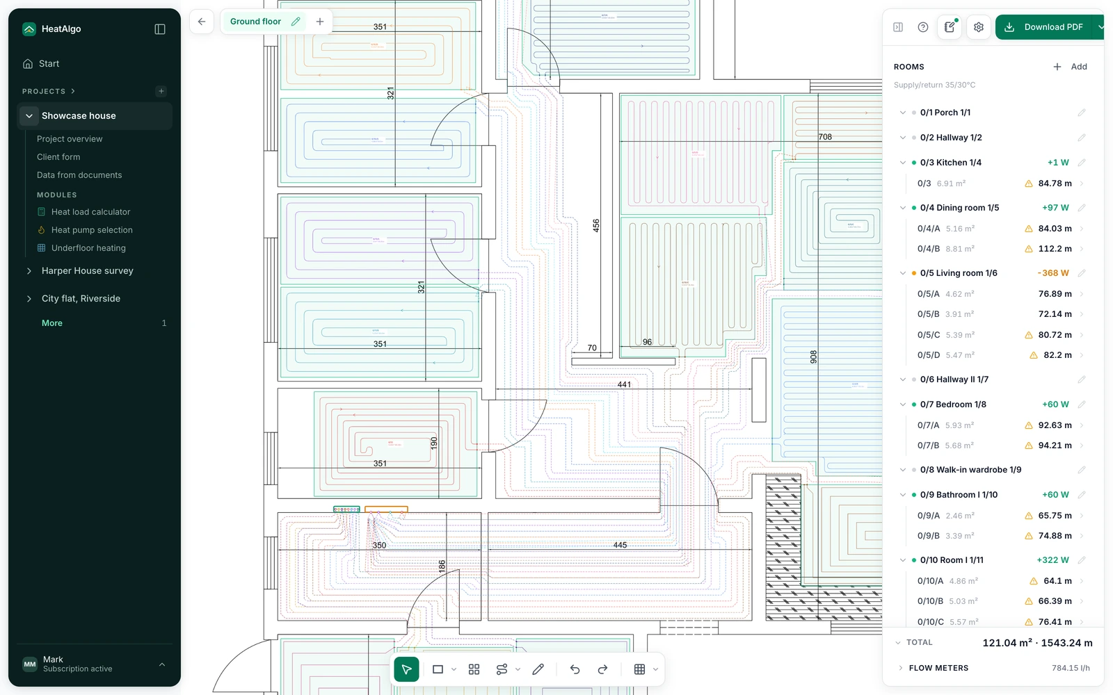 Underfloor heating design in the HeatAlgo app - building floor plan with drawn heating loops