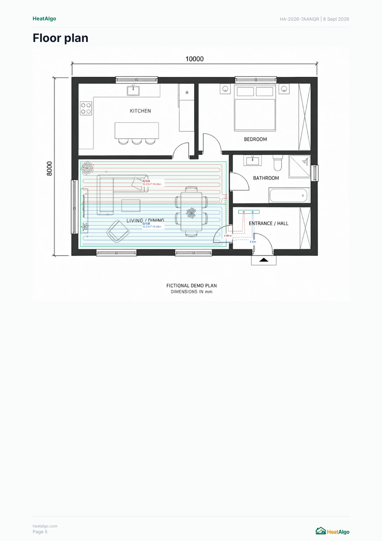 Example radiant floor heating report: two connected pipe loops on a fictional home floor plan