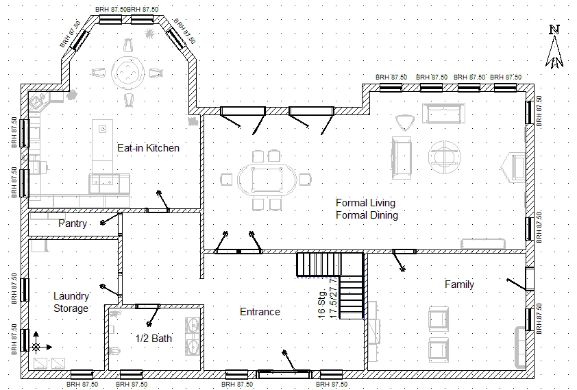 Ground floor plan of a detached house: hatched walls, room names, window and door symbols with swing direction, staircase.