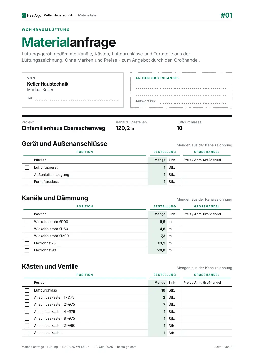 Materialliste - Wohnraumlüftung, 1/2