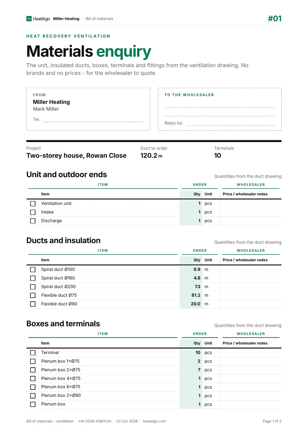 Materials list - Heat recovery ventilation, 1/2
