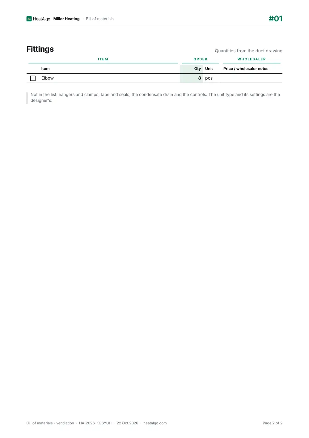 Materials list - Heat recovery ventilation, 2/2