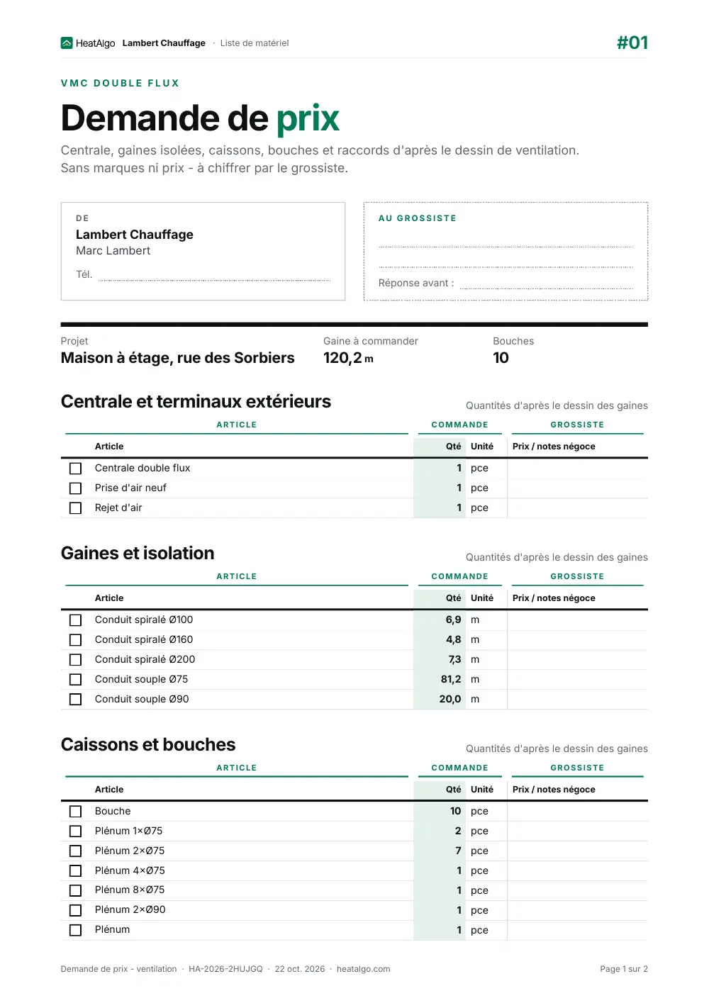 Liste du matériel - VMC double flux, 1/2