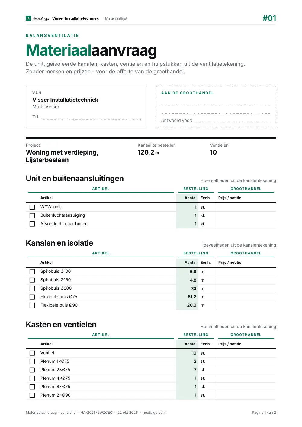 Materiaallijst - Balansventilatie, 1/2