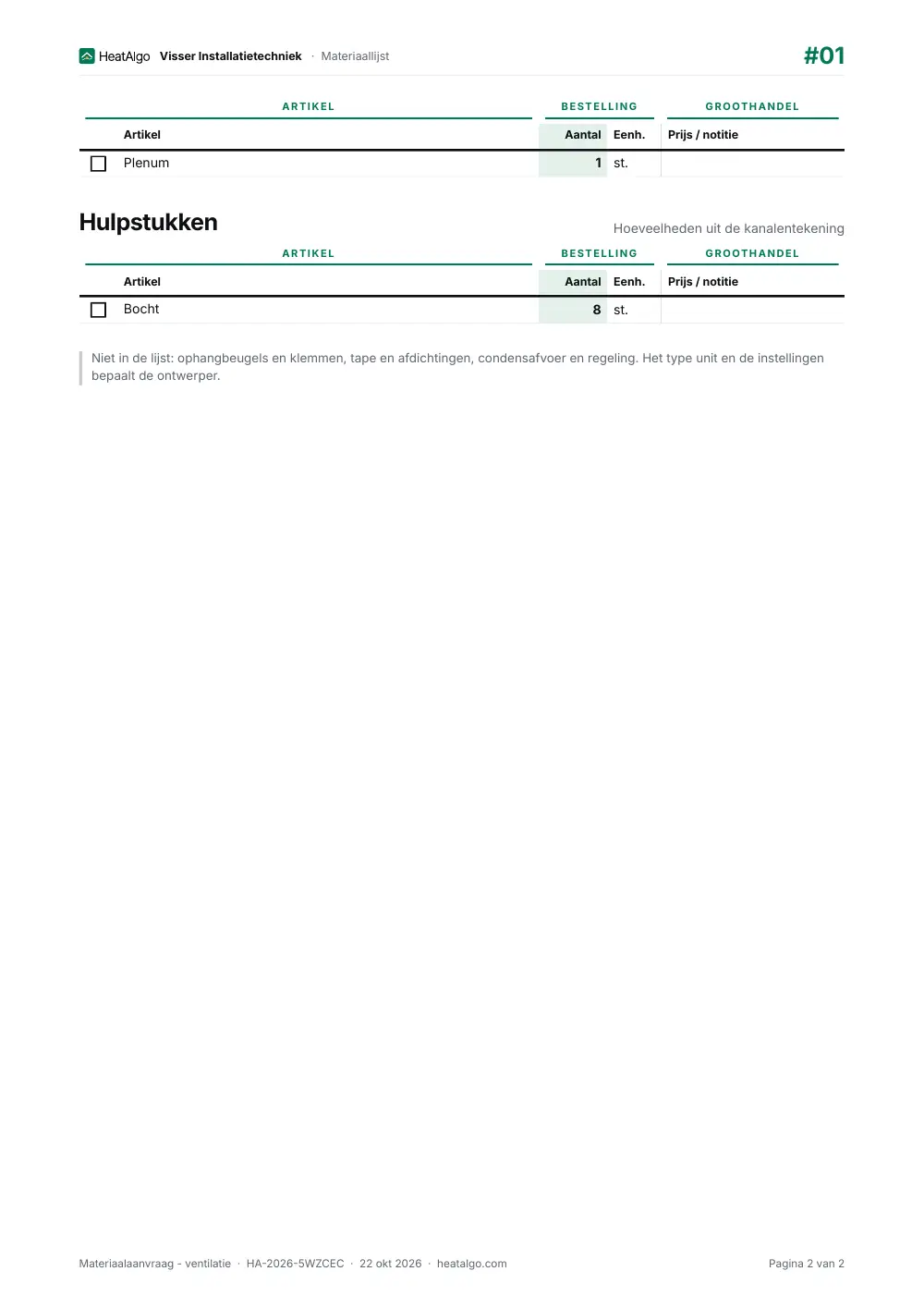 Materiaallijst - Balansventilatie, 2/2