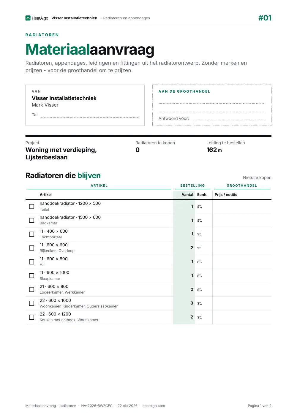 Materiaallijst - Radiatoren (bèta), 1/2