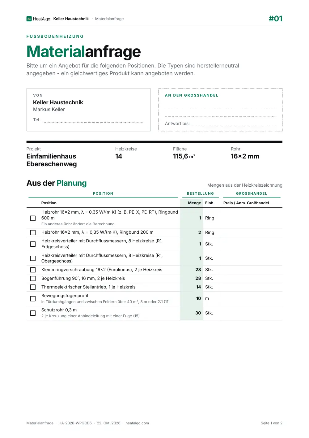 Materialliste - Fußbodenheizung, 1/2
