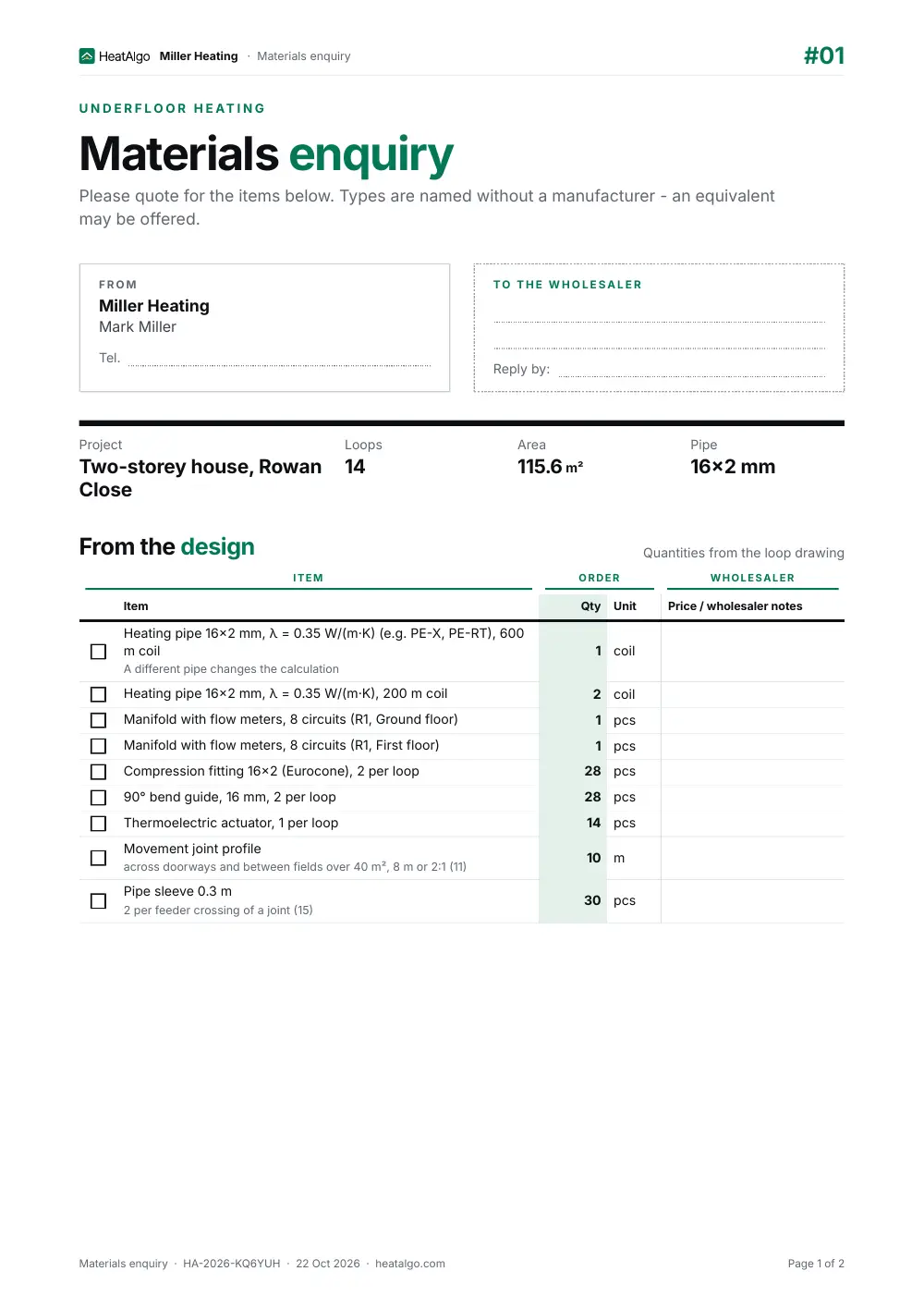Materials list - Underfloor heating, 1/2