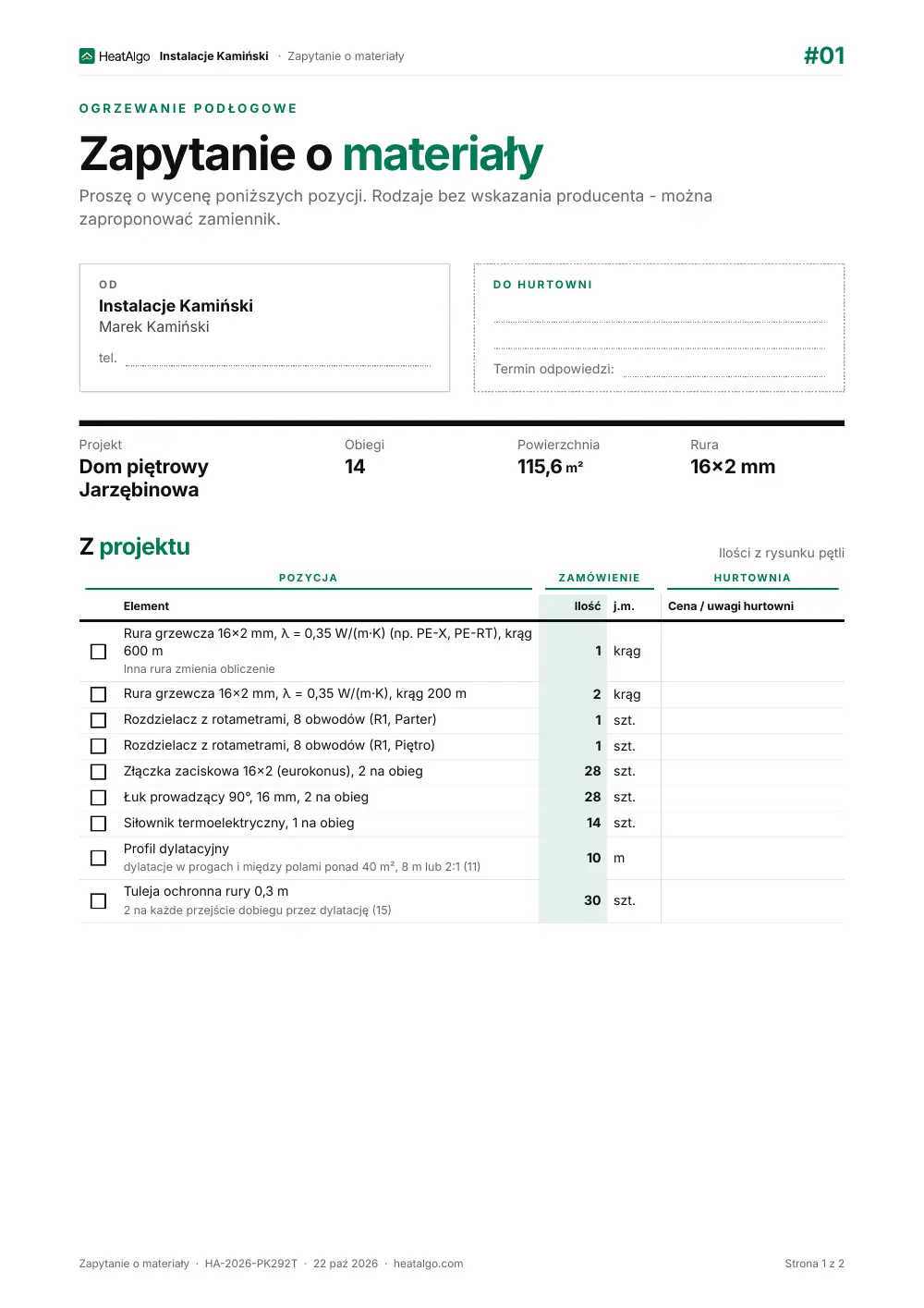 Zestawienie materiałów - Ogrzewanie podłogowe, 1/2